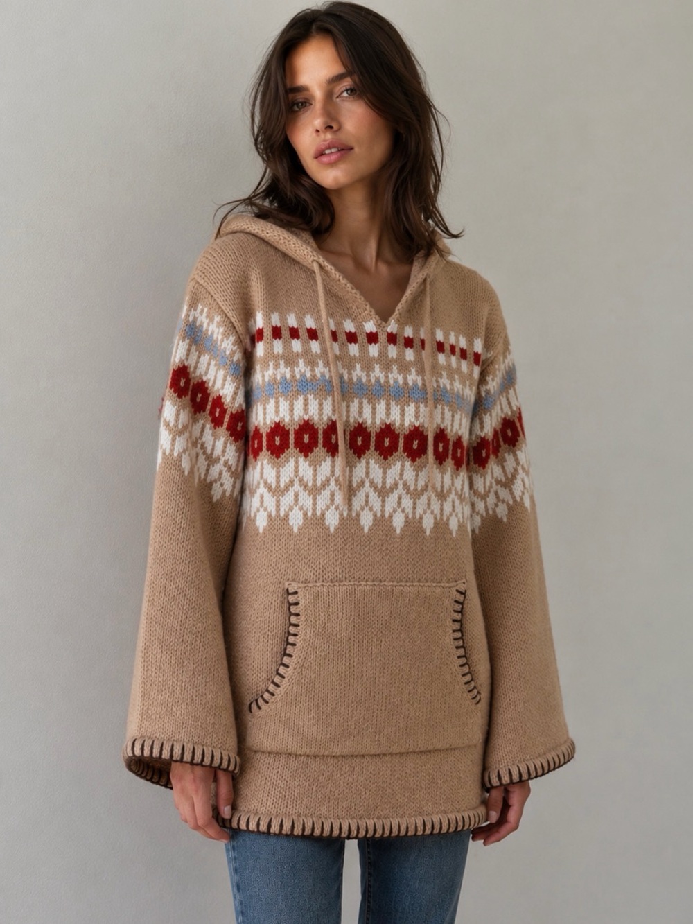 ZARA Wool-Blend Jacquard Knit Oversized Hooded Poncho Sweater Size M